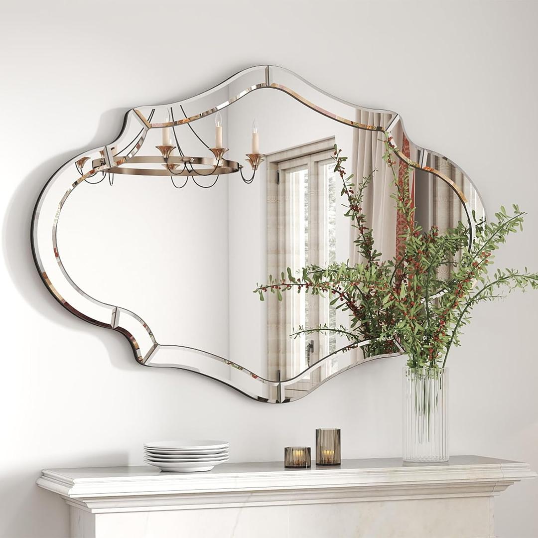 Large Scalloped Mirror, 47"x32" Decorative Wall Mirrors for Living Room, Hallway Mirrors for Wall Entry, Irregular Frameless Mirror for Dining Room, Hang Horizontally or Vertically