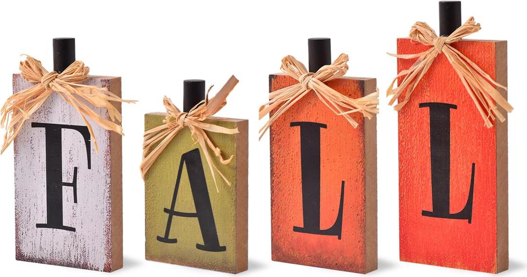Ovootok Fall Decorations for Home, 4 Pcs Rustic Farmhouse Home Decor Signs, FALL Centerpieces for Tables, Autumn Decor Sign Block Set for Thanksgiving Party Harvest Kitchen Tiered Tray Mantel (4