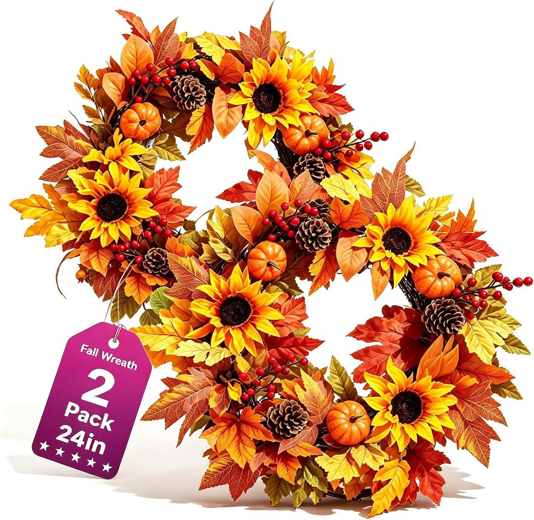 2 Pcs 24 Inch Sunflower Fall Wreath for Front Door-Artificial Autumn Wreath