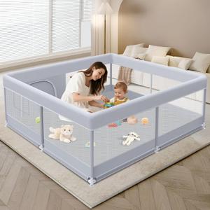 Baby Playpen 50 x 50 Inch Play Pen Playards, Playpen for Babies and Toddlers, Baby Playard for Indoor & Outdoor Active Center Game Fence, with Skin-Friendly Fabric and Soft Breathable Mesh Grey