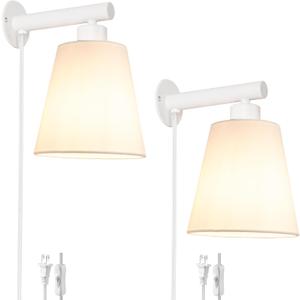 White Plug in Wall Sconces Set of Two, White Wall Sconce with Cord, Bedside Wall Lamps Plug in Set of 2 with Fabric Linen Shade, Wall Decor Bedroom Sconces for Living Room Hallway Porch