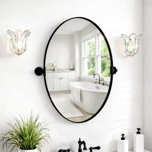 Pivot Oval Mirror 18x28 Inch Black Metal Tilting Wall Mirrors for Bathroom Vanity Living Room | Adjustable Frame & Shatter-Resistant Glass