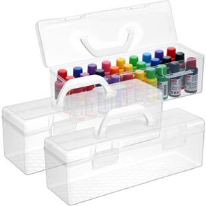 3 Pcs Acrylic Paint Storage Box - 30 Bottles Capacity Portable Craft Paint Storage Organizer for 2 fl. oz Paints | Clear Plastic Organizer with Handle