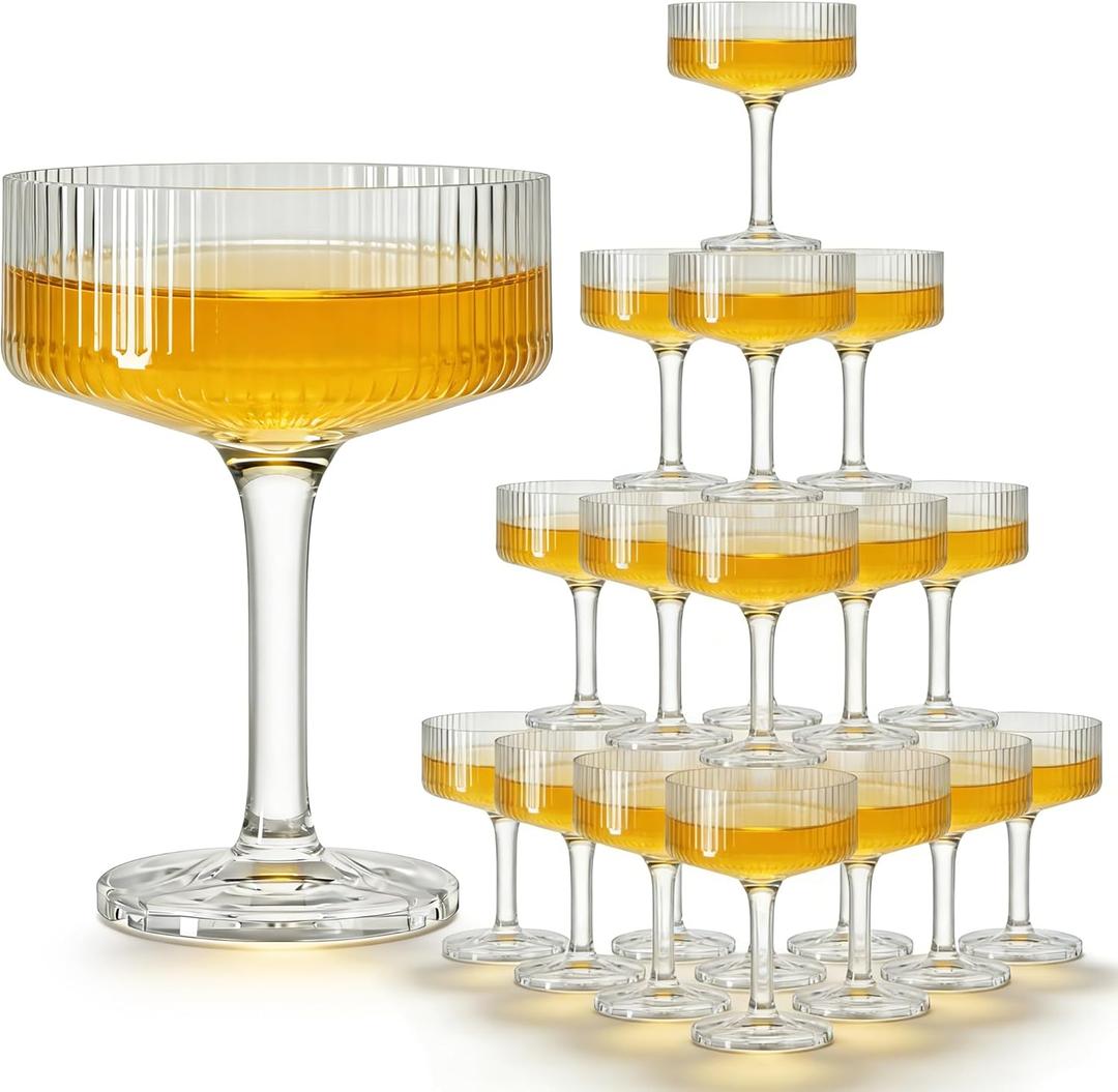 Plastic Coupe Glasses Set of 20, 10oz Ribbed Martini Glasses, Plastic Vintage Cocktail Cups for Espresso Martini, Margarita, Home Bar, Parties, Weddings & Gift