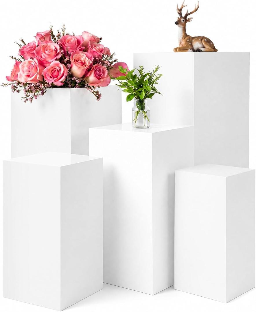 BreezeHug 5 Pcs Square Pedestal Stands for Party, Metal White Display Stands Pillars for Wedding Bridal Ceremony Baby Shower Birthday Party Decorations
