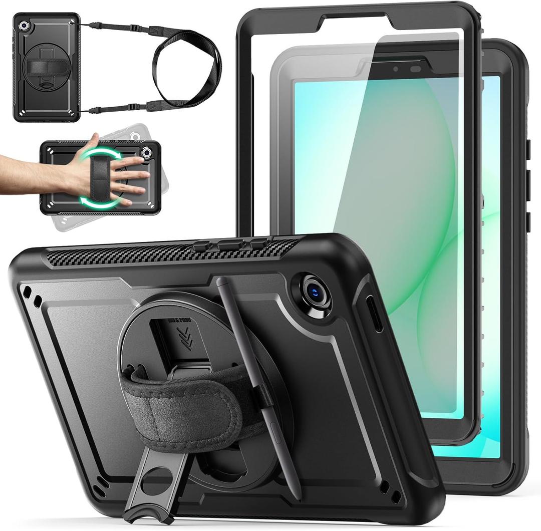 Case for Samsung Galaxy Tab A11 8.7 Inch 2026, Galaxy Tab A9 8.7 Inch 2023, Drop Protection with Screen Protector, 360Rotate Hand Strap&Stand, Shoulder Strap, Pencil Holder, Black