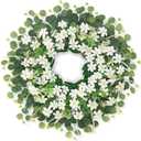 26" Daisy & Eucalyptus Wreath for Front Door, Porch, Window - Large Artificial Silk Flowers Outdoor Wreath for Home, Farmhouse Decor - Spring, Summer, Fall, All Seasons (White & Green)