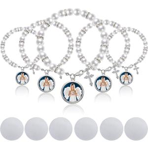 12 Pieces Sublimation Rosary Blank Bracelets for Baptism Imitation Rosary Beads Bracelets Cross Charm Heat Transfer Blank for catholic Baptism First Communion Catholic Gifts Shower DIY Jewelry Making