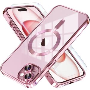 Misea Magnetic for iPhone 15 Plus Case Compatible with MagSafe [Never Yellowing] [Military Grade Drop Protection] Full Camera Lens Protector Plating Soft Clear Phone Case for Women, Pink