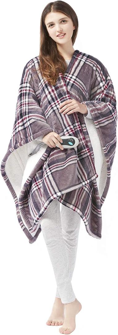 Beautyrest Wearable Electric Poncho Wrap Blanket, Ultra Soft Sherpa & Berber Fleece Heated Throw, UL Certified & Oeko-TEX, 3 Heat Settings & 2 Hour Auto Shutoff, Gift-Ready, 50" x 64", Grey Plaid