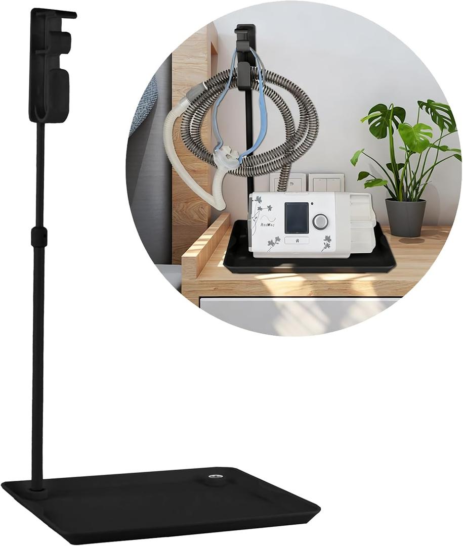 CPAP Hose Holder for Bed - (Wall-Damage-Free) Black CPAP Machine Protective Tray with Adjustable Height Hook for Hanging Mask & Accessories to Keep Bedside Tidy