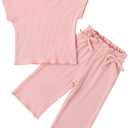 Toddler Baby Girl Summer Clothes Knit Ribbed Short Sleeve T-Shirt Tops + Flowy Wide Leg Pants Two Piece Outfit