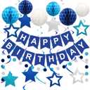 meowtastic Birthday Decorations, Happy Birthday Banner with Honeycomb Balls, Stars Hanging Swirl Streamers, Circle Dots Garland, Happy Birthday Party Decorations for Women Men Boys Girls (Blue)