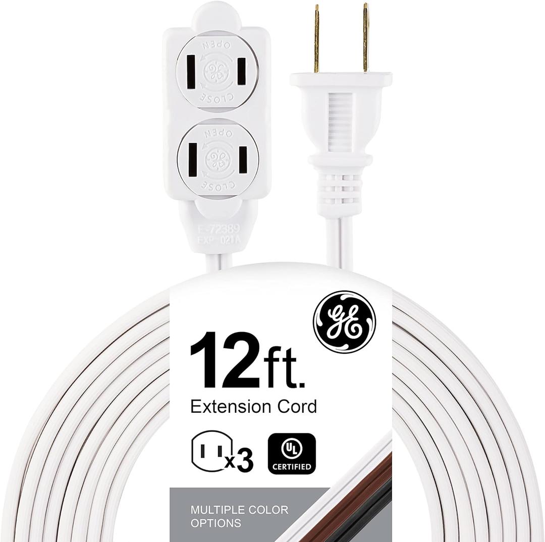 GE 3-Extension Cord with Multiple Outlets 12 Ft Power Strip 2 Prong 16 Gauge Twist-to-Close Safety Covers Indoor Outlet Extender UL Listed White 51954