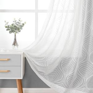 VISIONTEX White Sheer Curtains 84 Inches Long 2 Panels Set Moroccan Embroidery Texture Geometric Rod Pocket Ivory White Voile Tulle Semi Window Treatment Pair for Bedroom Living Room 54 x 84 Inches