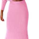PRETTYGARDEN Women's Spring Fall 2 Piece Sweater Set Rib Knit Long Sleeve Crop Top Maxi Bodycon Skirt Casual Winter Outfits (Medium, Pink)