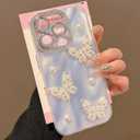 for iPhone 16 Pro Max Case Cute Bling for Women Girls, Luxury 3D Butterfly Design Shiny Glitter Rhinestone Pearl Camera Shockproof Protective Phone Case (Silver, iPhone 16 Pro Max)