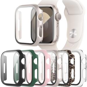 6-Pack Case with Tempered Glass Screen Protector Compatible with Apple Watch Series SE 3(2025)/SE 2/SE/6/5/4 40mm, Full Coverage Hard PC Protective Face Cover Bumper for iWatch 40 mm (Black/Transparent/Pink/Green/Starlight/Leopard)