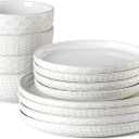 Stoneware Dinnerware Sets Service for 4, 12 pcs Reactive Glaze Plates and Bowls Sets, Embossed Boho Ceramic Dish Set, Highly Chip and Crack Resistant Farmhouse Plate Set, Ivory White