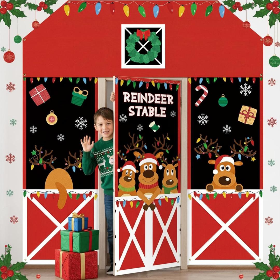 Newwiee 4 Pcs Large Christmas Reindeer Door Cover Set Elk Classroom Door Decoration Christmas Reindeer Background Banner Xmas Deer Party Decor for Wall Window Classroom Office Home Indoor Outdoor