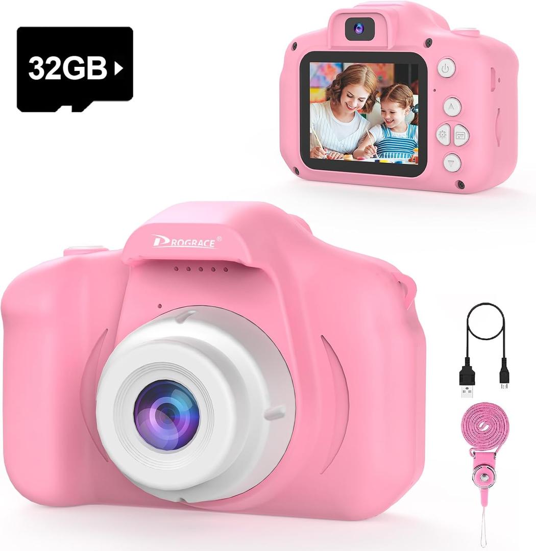 PROGRACE Kids Camera for Girls Ages 3-8 - Easy to Use Toddler Digital Video Camera with 28 Fun Frames & Selfie, Christmas Birthday Valentines Day Gifts for 3 4 5 6 7 8 Years Old Girls, Pink