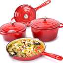 Hisencn Enameled Cast Iron Cookware Set - 7 Piece Dutch Ovens Set, Sauce Pan, Skillet, 3 Lids, Pots and Pans Set, Ceramic Coated Cast Iron, Heavy Duty, Gas/Induction Compatible, PFA Free, Rouge Red, Variety Pack