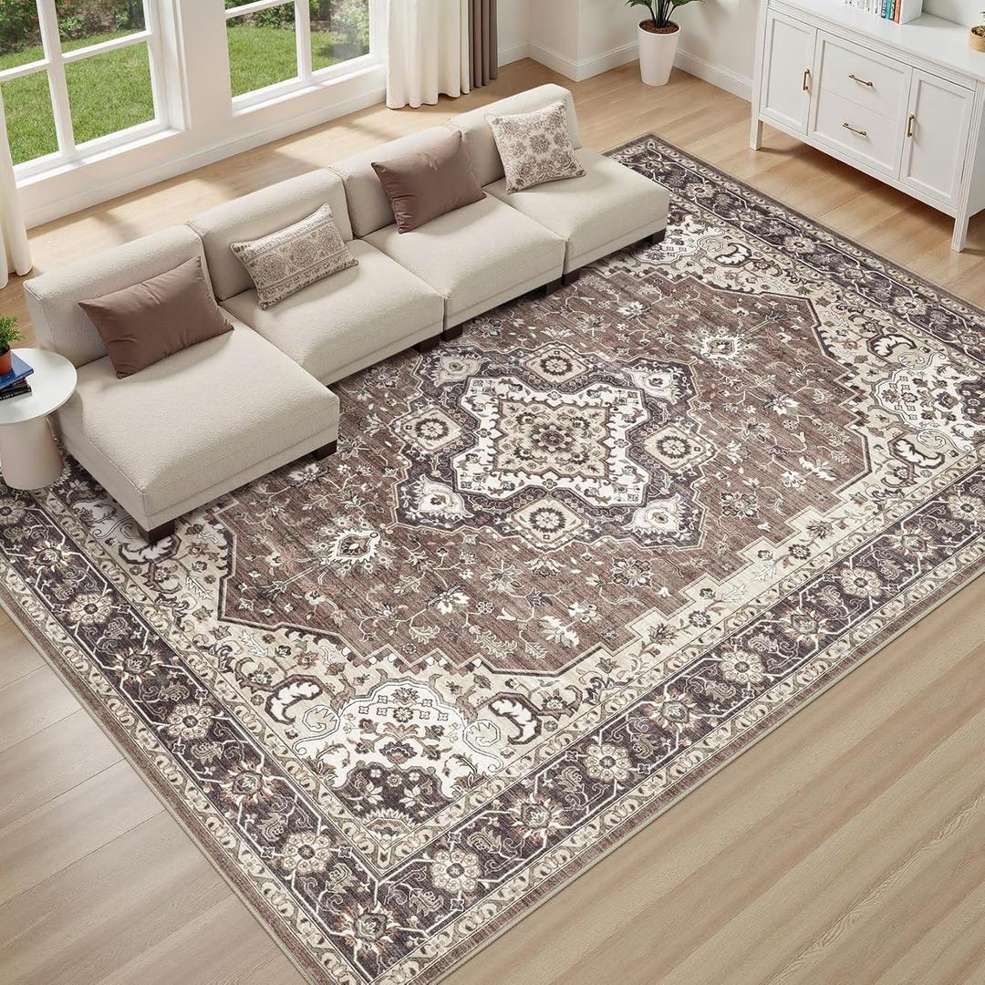 Washable Area Rug 8x10: Vintage Non-Slip Stain Resistant for Living Room, Soft Large Carpet for Bedroom Dining Room Home Office(Brown and Cream)