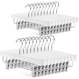 Nature Smile Deluxe Wooden Pants Hangers Solid Wood Bottom Jeans Hanger Skirt Hanger with 2-Adjustable Clips Pack of 20 (White)