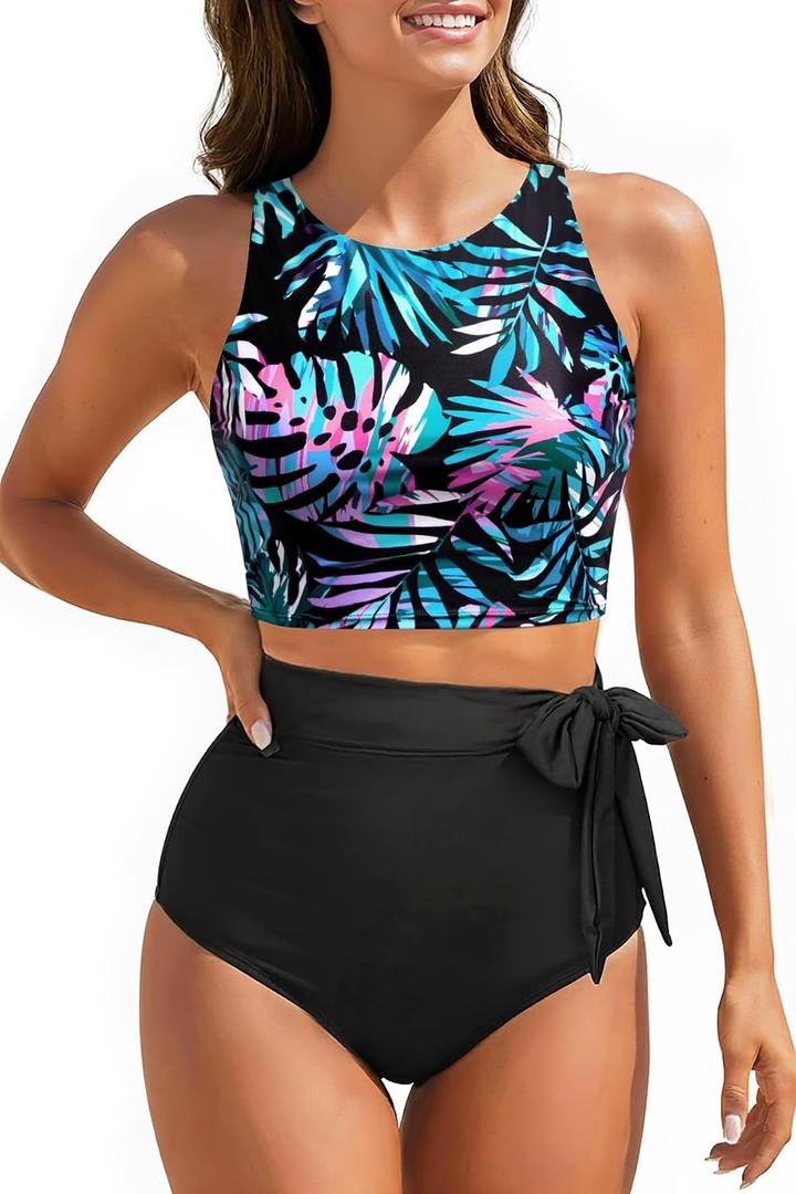 Aqua Eve Women High Waisted Bikini Set Racerback Swimsuit Two Piece Bathing Suit High Neck Swimwear (M)