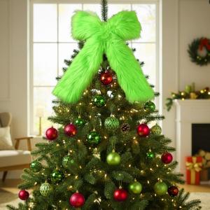 Soulchen Lime Green Christmas Tree Topper Bow 22.5 Inch Green Furry Christmas Decorations Faux Fur Xmas Tree Topper Bow for Farmhouse Holiday Wedding Indoor Outdoor Home Decoration