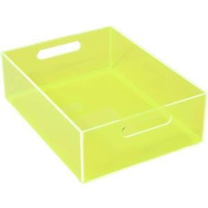 Acrylic Storage Bin Pantry Storage Container with Handles Kitchen Organizer Bin for Cabinet Cupboard Organization, Heavy Duty, 12.6 x 9.4 x 4'', Neon Green (Medium)