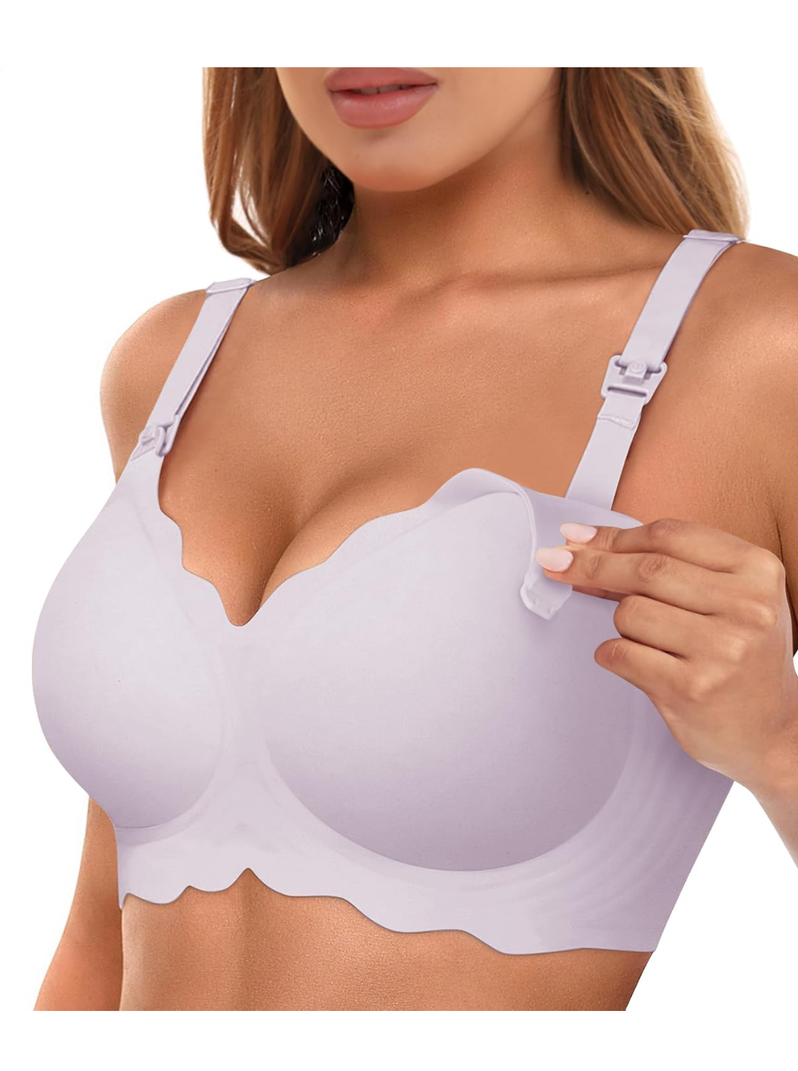 Scalloped Nursing Bras for Breastfeeding Seamless Wireless Maternity Bras for Pregnancy Soft Sleep Support Bra Purple, M