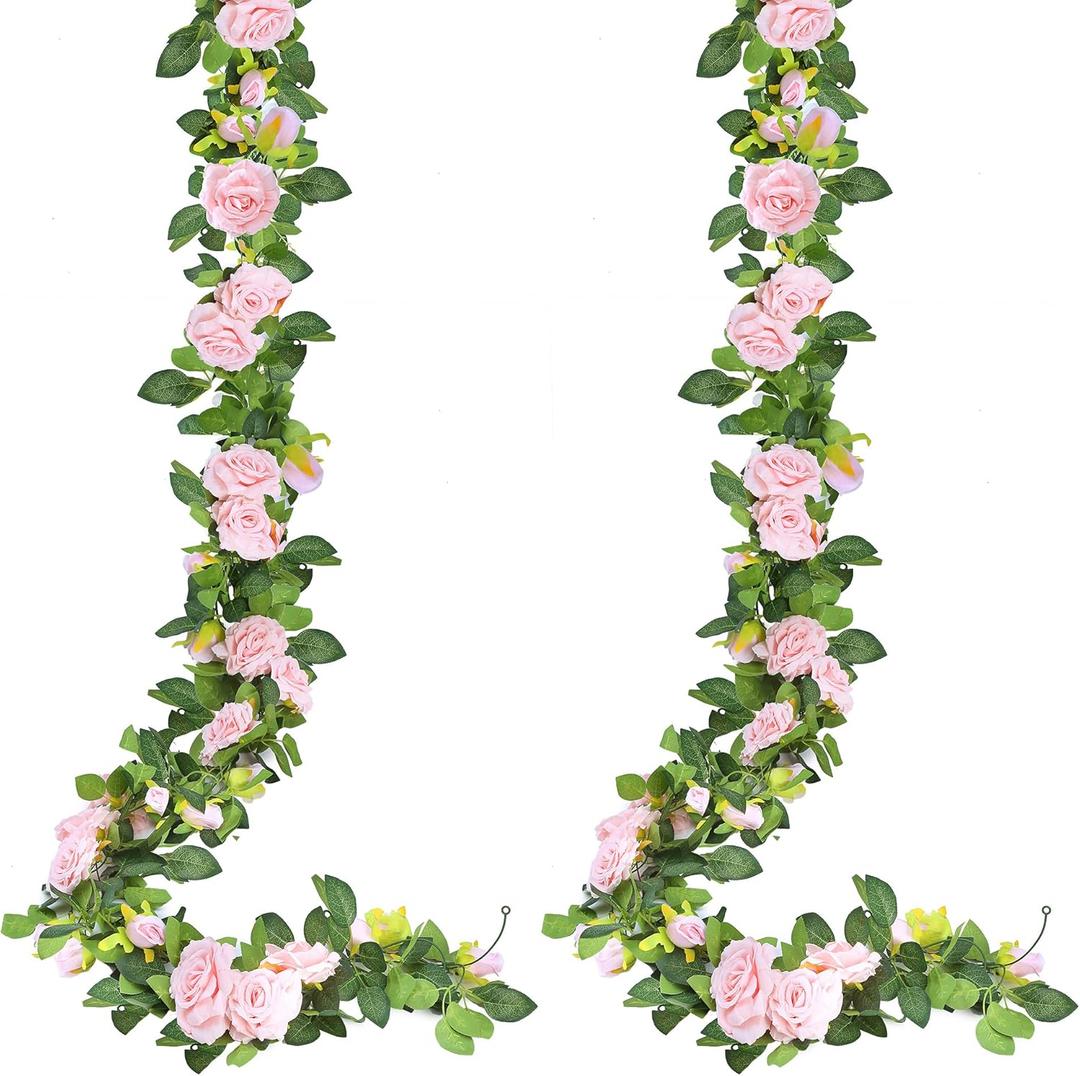 Sggvecsy 2Pcs 15.5Ft Artificial Rose Vine Fake Flower Garland Floral Garland Faux Silk Hanging Vine Rose Ivy Vines for Wedding Arch Party Wall Garden Ceremony Background Outdoor Decor (Pink)