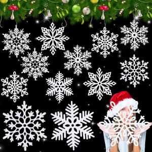 Fovths 12 Pieces Large White Snowflake Ornaments 15.8 Inches Plastic Christmas Snowflakes Decorations Glittered Hanging Snowflakes for Christmas Tree Indoor Outdoor Window Room Decor