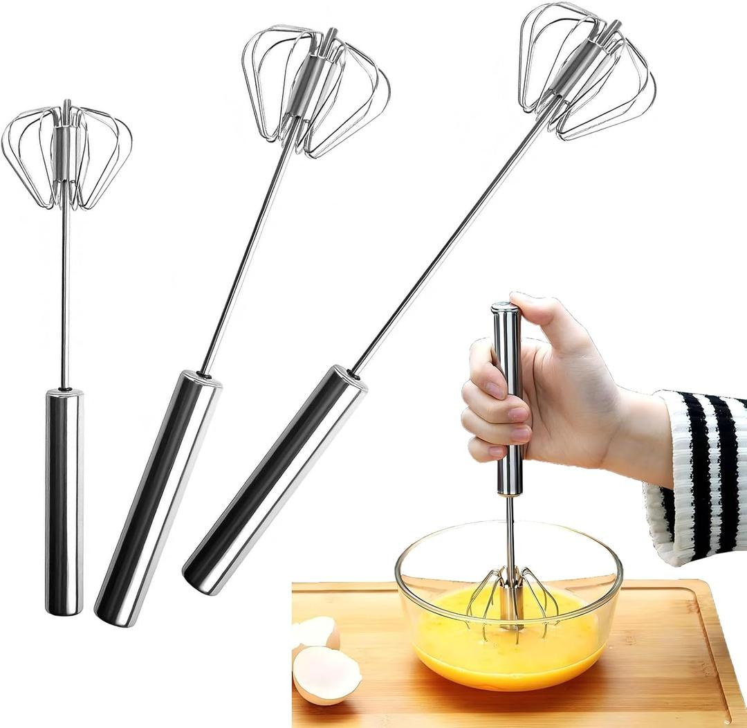 3 Pack Stainless Steel Egg Whisk, Hand Push Rotary Whisk Blender, Versatile Easy Whisk, Hand Push Mixer Stirrer for Beating Eggs, Frothing Milk, Blending, Mixing, Whipping Smoothies & Shakes