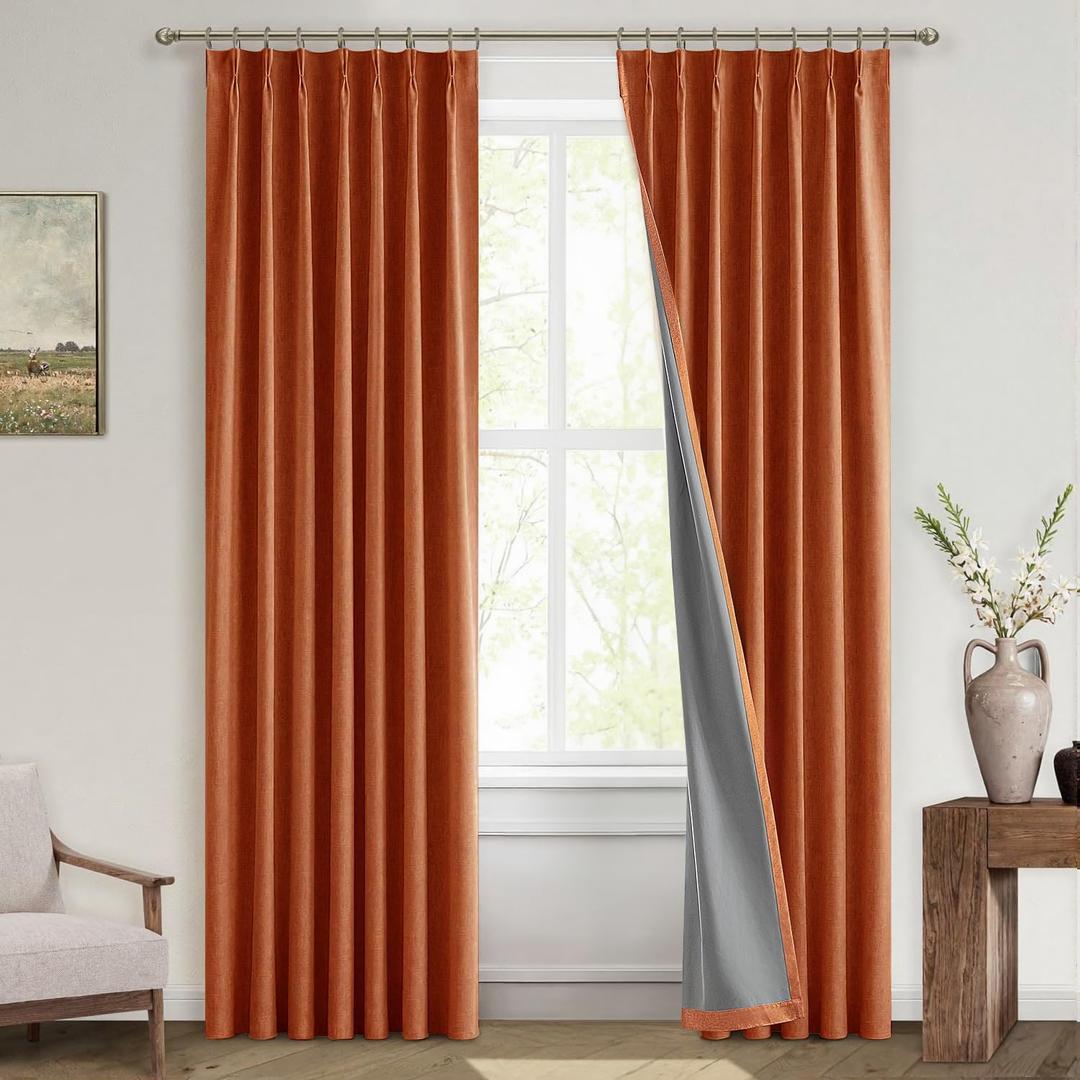 MIULEE Linen Pinch Pleated 100% Blackout Curtains for Bedroom 84 Inches Long 2 Panels Set Pinch Pleat Back Tab Track Fall Terracotta Rust Black Out Pleat Living Room Darkening Drapes, Burnt Orange (40"W x 84"L (Pack of 2))