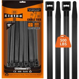 Eletoo 12 inch 100 Pack Black Large Zip Ties Heavy Duty 2025 New Patented Design, 500 LBS Tensile Strength, Self-Locking Nylon PA66 UV Resistant Cable Ties for Indoor and Outdoor Use