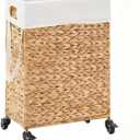 Rolling Laundry Hamper with Wheels, Slim Laundry Basket with Removable Liner Bag & 2 Mesh Bags, Handwoven Water Hyacinth Clothes Hamper for Bedroom Bathroom (Natural, 50L)
