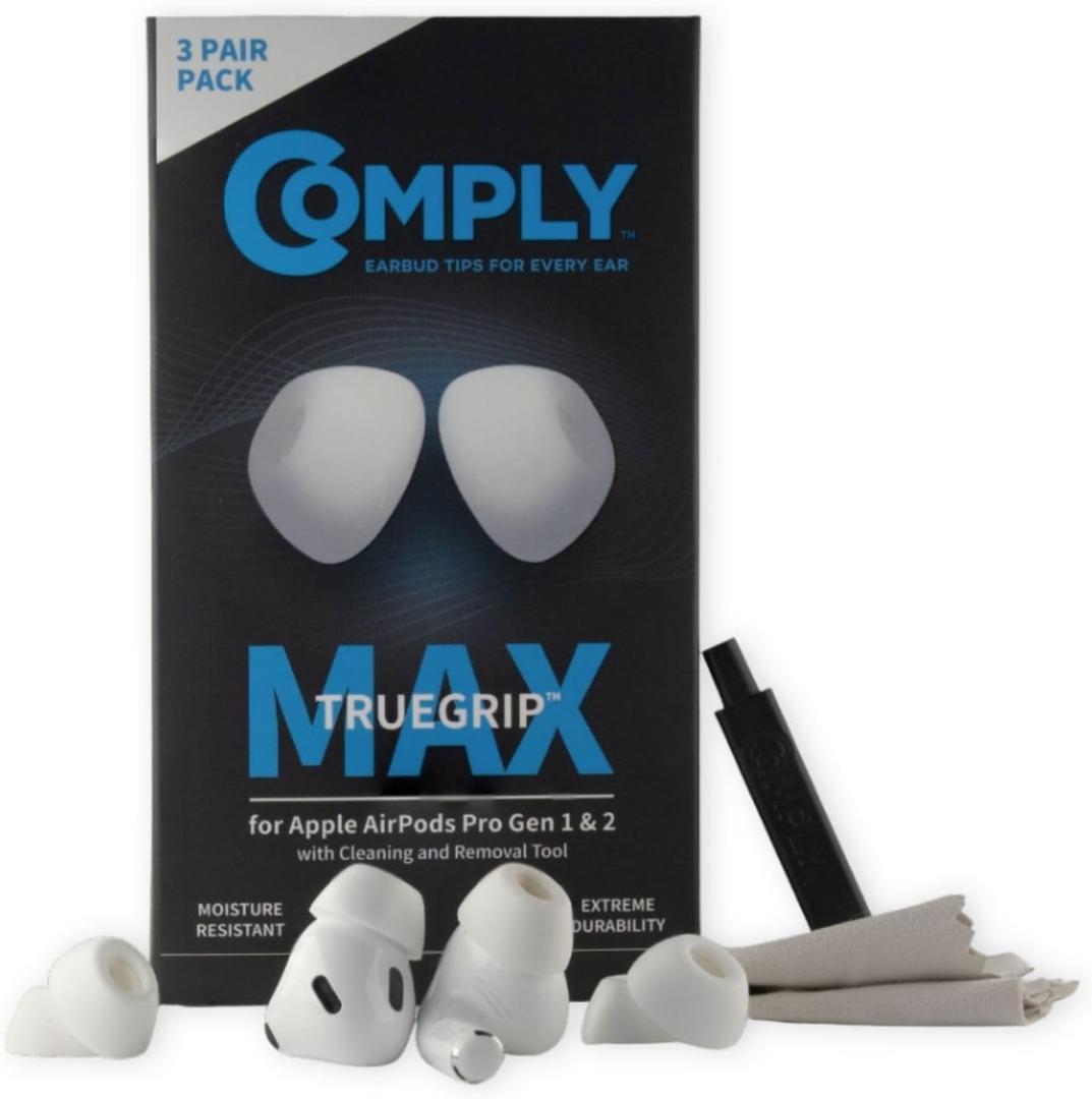Comply TrueGrip MAX | Premium Memory Foam Replacement Earbud Tips for Apple AirPods Pro 1 & 2 | Long Lasting Comfort, Extreme Durability, Secure Fit, Superior Noise Isolation| White (S/M/L) (3 Pairs)