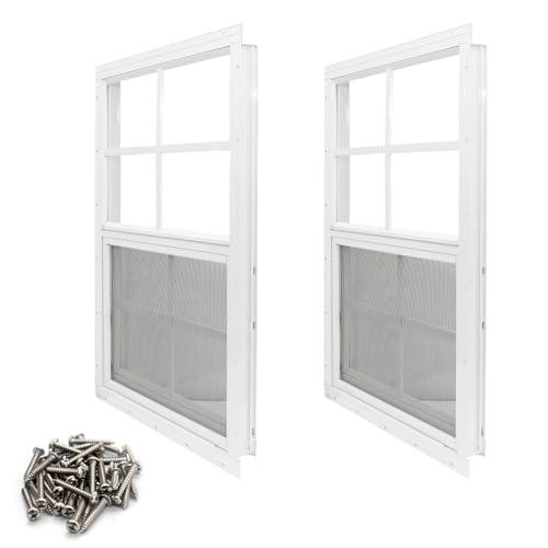 2 Pack Shed Window, 12 x 18 Flush Mount Window with Tempered Glass and Fiberglass Screen for Shed, Chicken Coop, Playhouse, Household, Garage