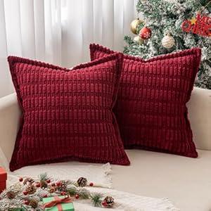 MIULEE Christmas Burgundy Corduroy Decorative Throw Pillow Covers Pack of 2 Soft Striped Pillows Pillowcases with Broad Edge Winter Modern Boho Home Decor for Couch Sofa Bed 18x18 Inch