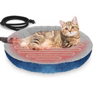 Heated Cat Beds for Indoor Cats Warming Cat Beds Super Soft Machine Washable Thermo Kitty Electric Heating Bed 19 Inches Round (Grey-Blue)