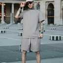 KUYIGO 2 Pieces Outfits Summer Tracksuit Sweatsuits Short Sleeve T-Shirts and Shorts Sets for Generation Z (Medium, A4 Light Grey)