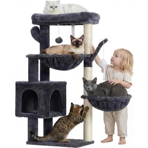 Heybly Cat Tree, 39.4 Inches Tower Condo with Scratching Post, Cat Tower for Indoor Cats, Fully Wrapped Sisal Pole, Soft Platform, 2 Baskets and Dangling Toy, Smoky Gray HCT006SG