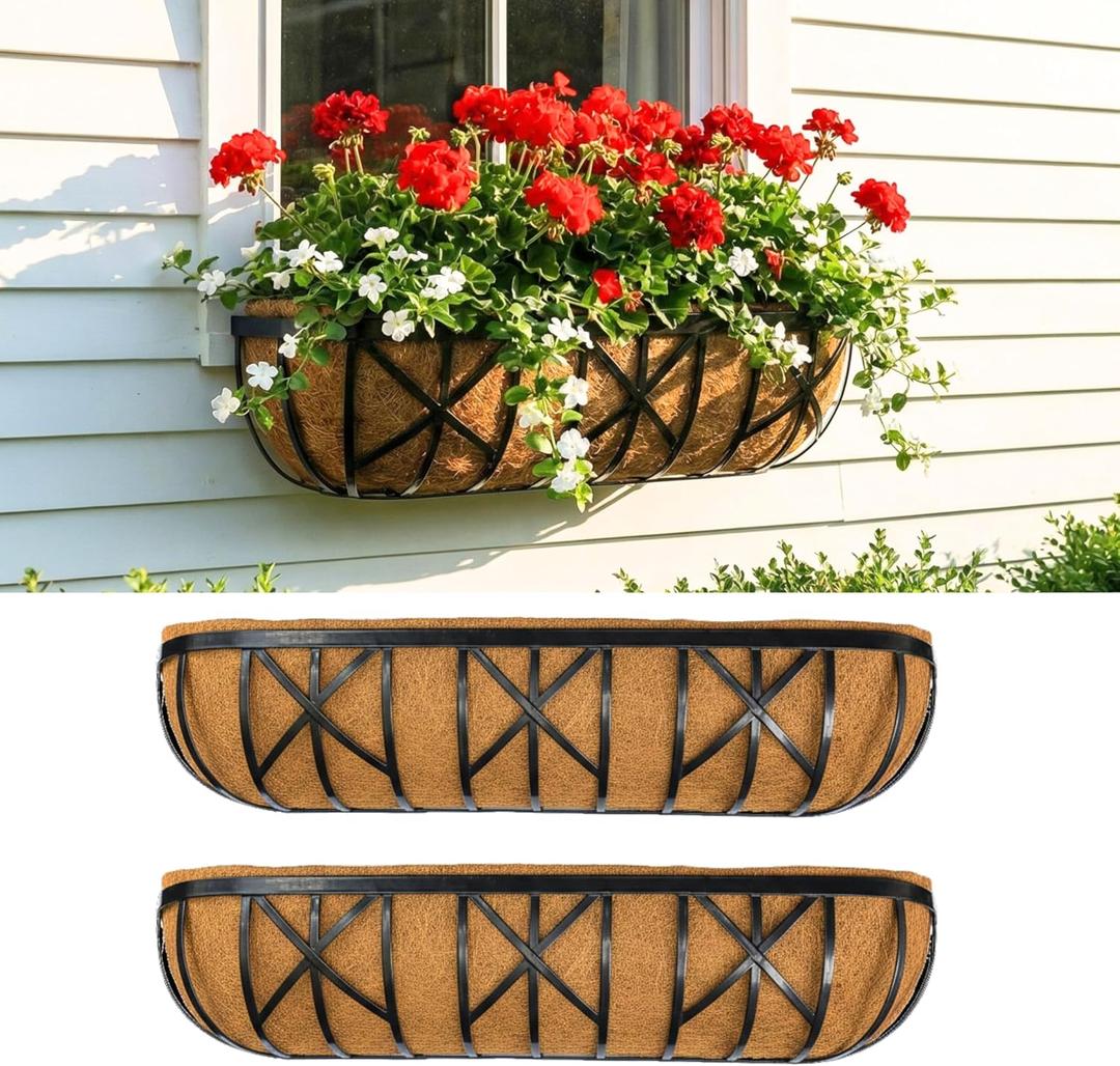 LaLaGreen 36 Inch, 2 Pack Window Boxes Planters Large Black Metal Window Boxes for Outdoor Plant, Wall Mount Flower Pot with Coco Liner, Attach to House Fence Balcony Herb for Patio Porch Garden