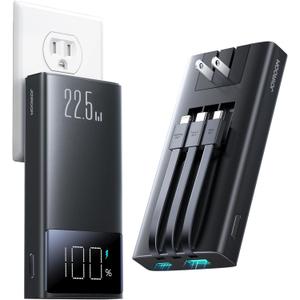JOYROOM Portable Charger, 10000mAh Power Bank with Built-in Cables and AC Wall Plug, PD 22.5W Fast Charging Battery Pack, Compatible with iPhone, iPad and Tablet (Black)