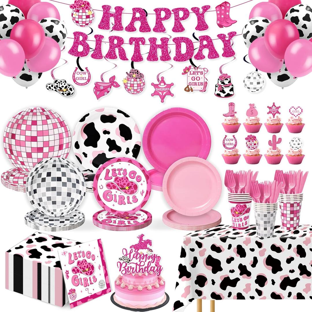 Cowgirl Birthday Party Decorations Supplies - 229 Pcs Western Disco Party Kit with Banner, Plates, Cups, Cutlery, Balloons & Table Cover, Serve 30