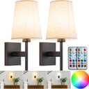 Battery Operated Wall Sconces Set of Two,Battery Operated Wall Lights with Remote, Fabric RGB Color Changing Dimmable Wall Lamp for Bedroom Living Room, Easy to Install (Color : Black)