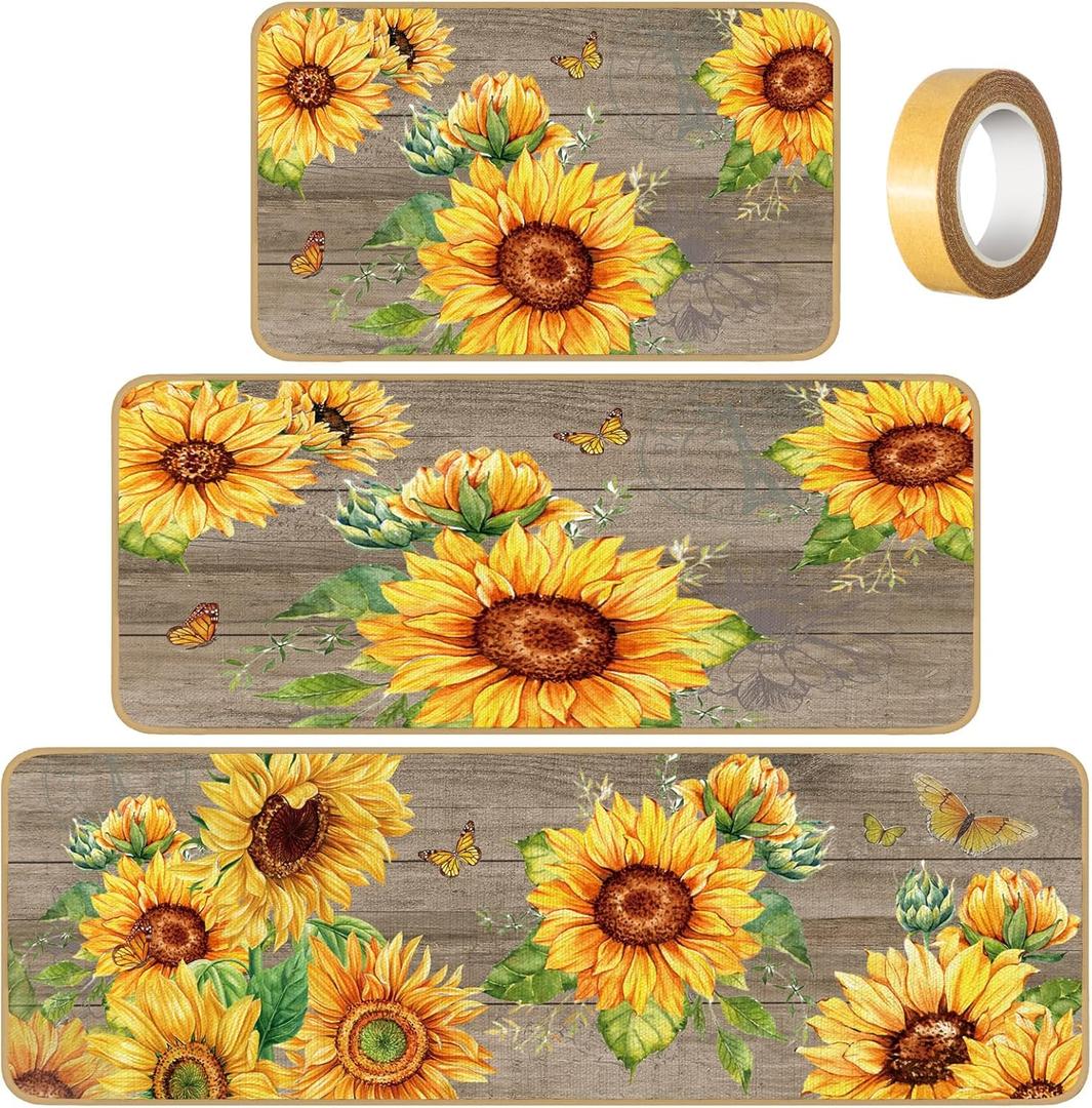 Fourluoo Sets of 3 Sunflower Kitchen Rugs and Mats Non Slip Kitchen Rugs Washable Sunflower Door Mats for Floor Home Bathroom Cabin Farmhouse Decor