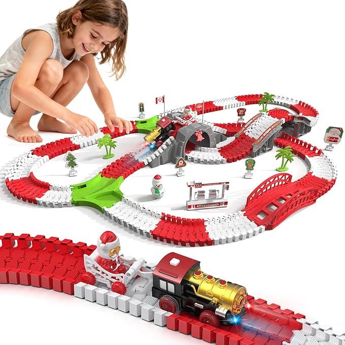 Christmas Track Toy Set - 262 PCS Christmas Race Track Playset - Christmas Theme Race Track Toy Set - Flexible DIY Christmas Train Track Set for Boys Girls, Great Toys for Kids Age 3+